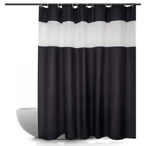 Fabric Shower Curtain with White Strip, 180 x 200 cm, Water-Repellent, Black