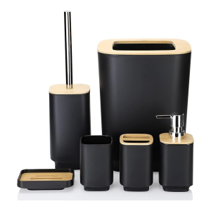 Bamboo Bathroom Accessories Set of 6 Modern Design 6 Pieces Bathroom Accessory Set Soap Dispenser Toothbrush Holder Tooth Mug Soap Dish Toilet Brush Rubbish for Bathroom Home Decor (Black)