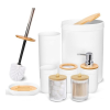 Modern Bathroom Accessories Set, 8 Pieces, White and Bamboo, with Soap Dispenser, Toothbrush Holder, Storage Jars