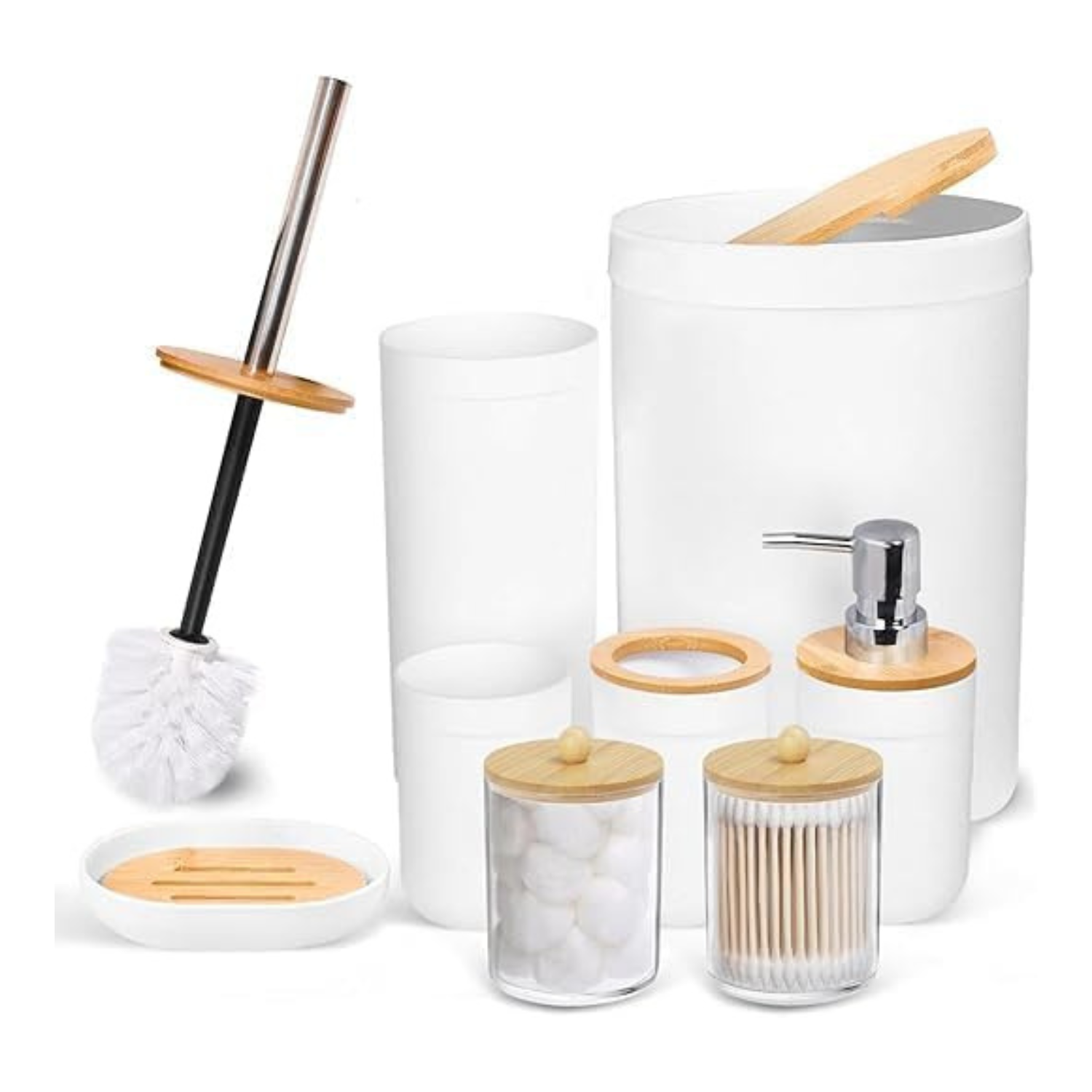Modern Bathroom Accessories Set, 8 Pieces, White and Bamboo, with Soap Dispenser, Toothbrush Holder, Storage Jars