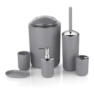 Bathroom Accessories Set, 6-Piece Plastic Gift Set, Toothbrush Holder, Toothbrush Cup, soap Dispenser, soap Dish, Toilet Brush Holder, Trash can (Grey)
