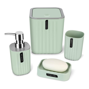 Bathroom Accessory Set,4-Piece Bathroom Decor Set,Soap Dish,Soap Dispenser,Toothbrush Cup,Mini Trash Can with Lid,Bathroom Accessories Set Complete with Small Desktop Trash Can (Green)