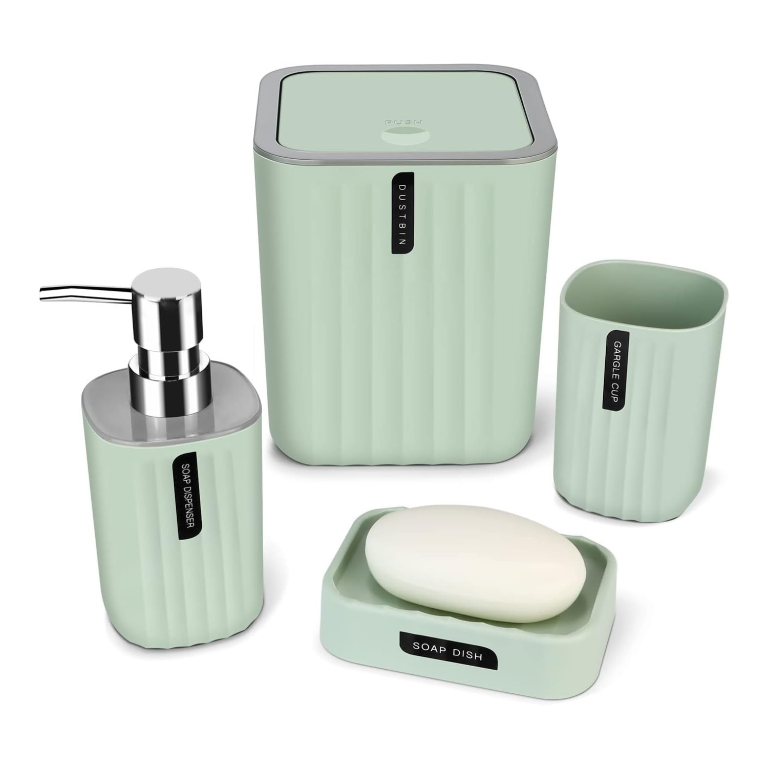 Bathroom Accessory Set,4-Piece Bathroom Decor Set,Soap Dish,Soap Dispenser,Toothbrush Cup,Mini Trash Can with Lid,Bathroom Accessories Set Complete with Small Desktop Trash Can (Green)