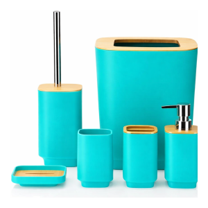 Bamboo Bathroom Accessories Set of 6 Modern Design 6 Pieces Bathroom Accessory (Turquoise)