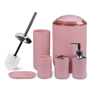 Bathroom Accessories Set Blue 6 Piece Bath Ensemble Includes Soap Dispenser, Toothbrush Holder, Toothbrush Cup, Soap Dish for Decorative Countertop and Housewarming Gift, Large (Pink)