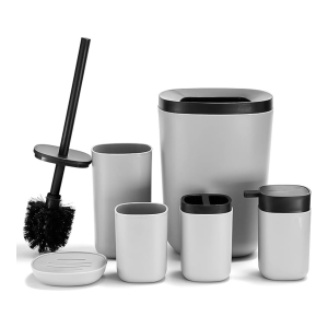 Bathroom Accessory Set, 6 Pieces Plastic Bath Accessories, Modern Vanity Organiser Kit, Contain Toilet Brush, Toothbrush Holder, Plastic Cup, Soap Dish, Trash Can, Lotion Dispenser (Grey)
