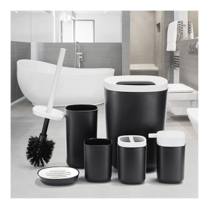 Bathroom Accessory Set, 6 Pieces Plastic Bath Accessories, Modern Vanity Organiser Kit, Contain Toilet Brush, Toothbrush Holder, Plastic Cup, Soap Dish, Trash Can, Lotion Dispenser (Black)