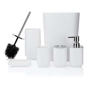 6 Pieces Bathroom Accessory Set Luxury Plastic Bathroom Accessories Set Trash Can Toilet Brush Set Toothbrush Holder Tumbler Soap Dish Soap Dispenser Bath Set Gift (White)