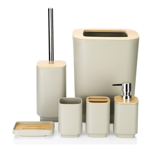 Bamboo Bathroom Accessories Set of 6 Modern Design 6 Pieces Bathroom Accessory Set Soap Dispenser Toothbrush Holder Tooth Mug Soap Dish Toilet Brush Rubbish for Bathroom Home Decor (Beige)