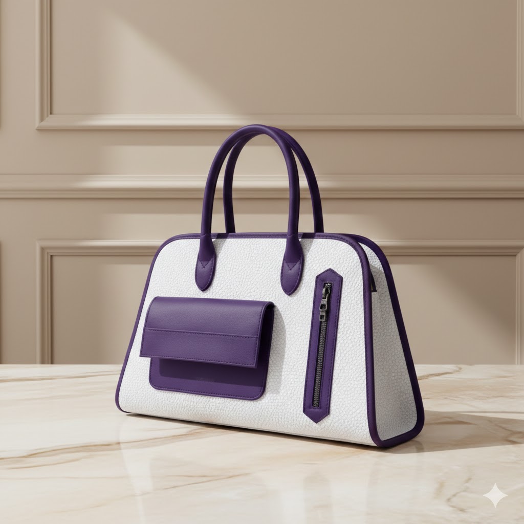 VERNIKA Two-Tone Textured Satchel with Front Flap Pocket, Wallet & Strap (Purple/White)